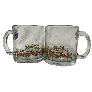 Vintage Set of 2 Libby Made In USA Christmas Holly Glass Coffee Tea Mugs